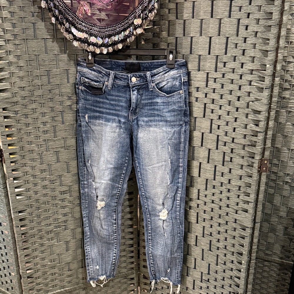Distressed Buckle Black ankle skinny